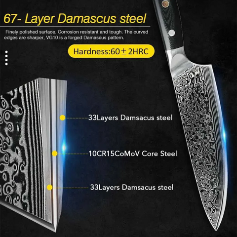 VG10 67-Layer Damascus Knife Set – Chef, Santoku, Bread | G10 Handle