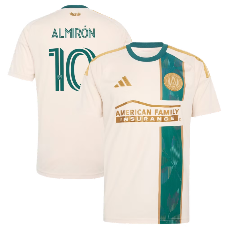 ""Cream, Teal & Gold Sash Performance Football Jersey – Premium Custom Soccer Shirt (Almiron)""