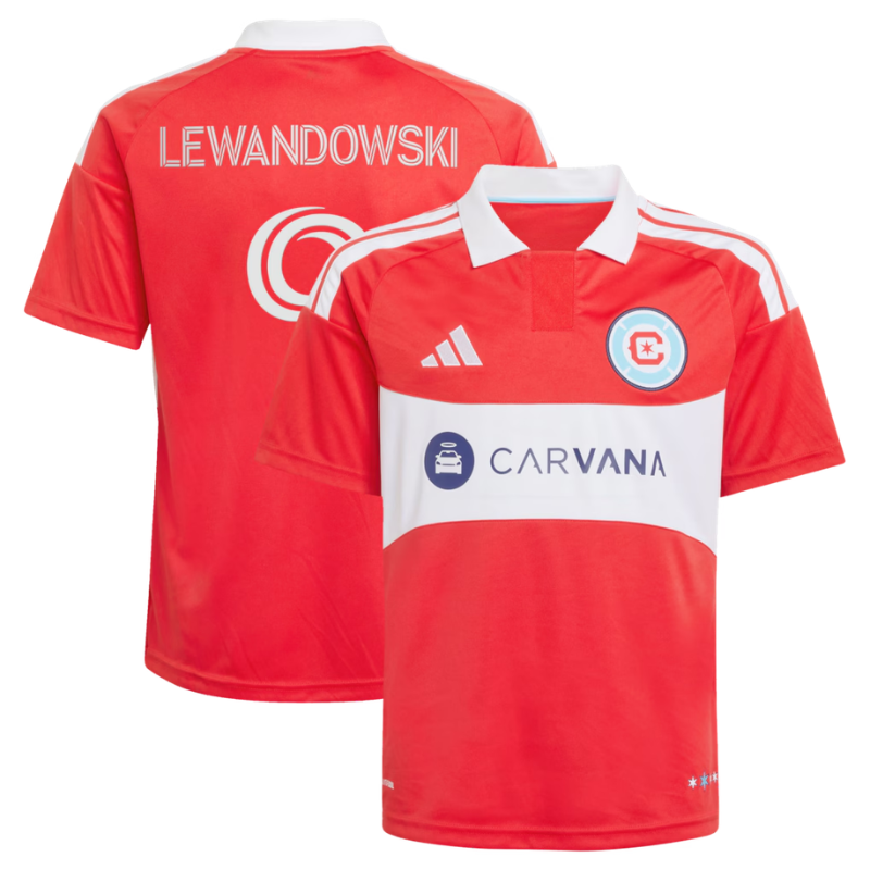 Red and White Polo-Style Football Shirt – Slim Fit Matchday Performance Top (Lewandowski)