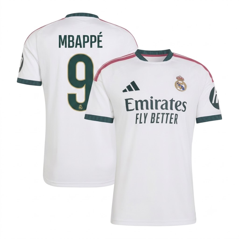 ""Men's White, Dark Green and Pink Trim Football Shirt (Mbappé)""